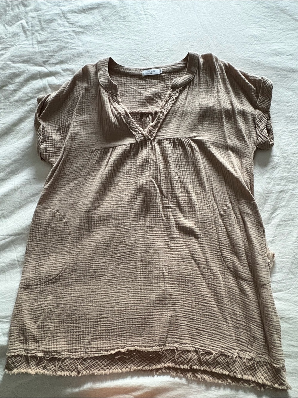ARCADIA Crinkle Cotton Double Gauze Dress Boho Raw Hem Cream S/M